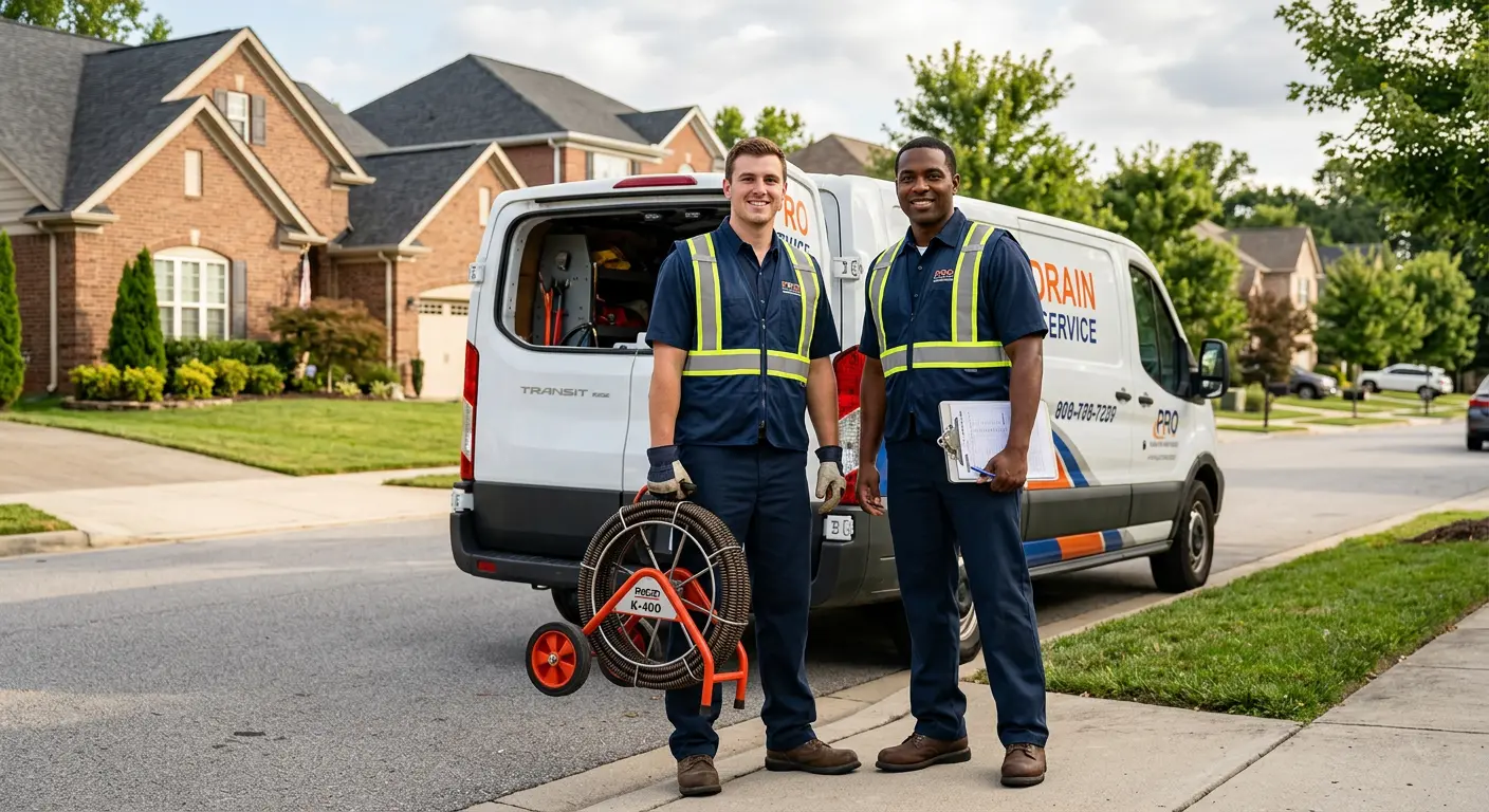 Sewer and drain service team with equipment ready for work in Hillside