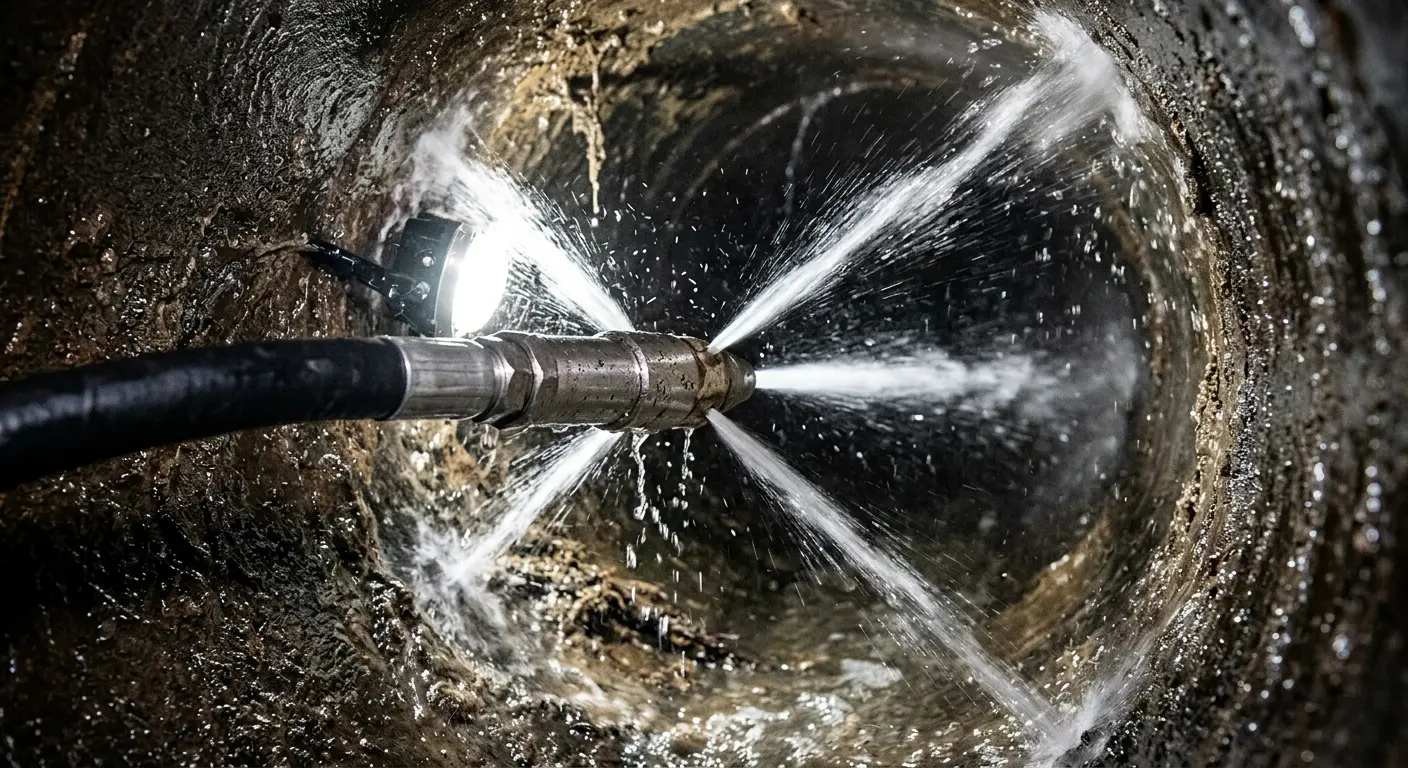 High-pressure hydro jetting nozzle cleaning sewer pipe for Emergency Drain Service in Hillside