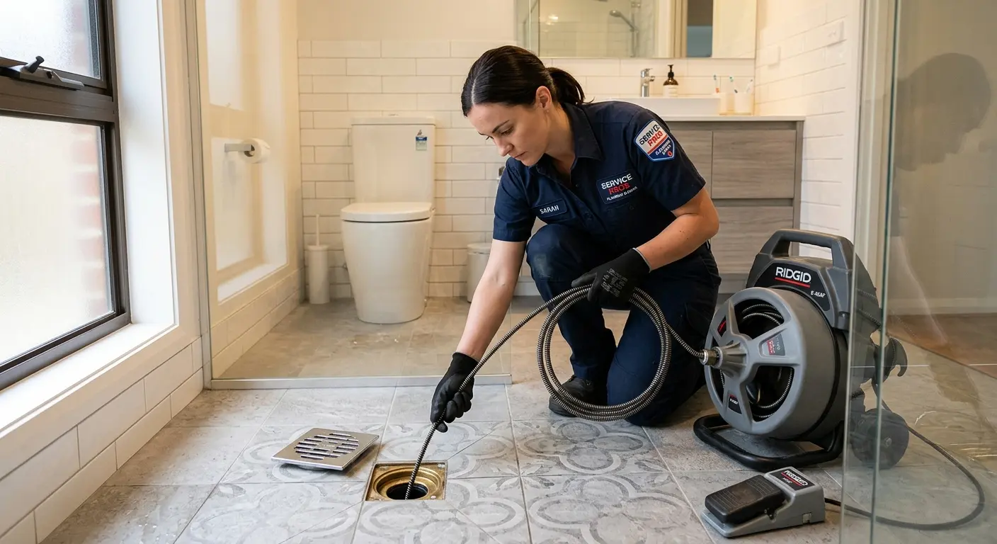Technician clearing a bathroom floor drain for Sewer Line Replacement in Hillside